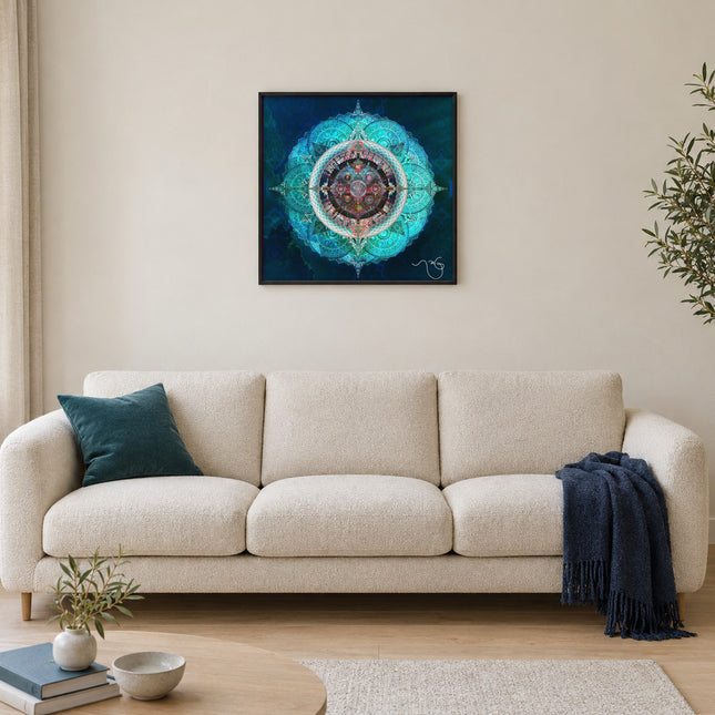 Ocean Blue Mystical Lotus Fine Art Poster | Teal Blue Sacred Geometry Mandala Wall Art Print | Meditation Spiritual Boho Decor |
