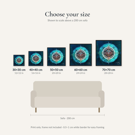 Ocean Blue Mystical Lotus Fine Art Poster | Teal Blue Sacred Geometry Mandala Wall Art Print | Meditation Spiritual Boho Decor |