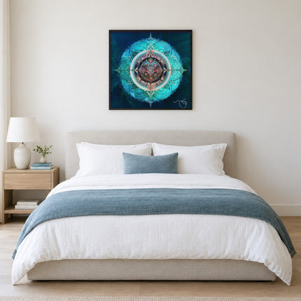 Ocean Blue Mystical Lotus Fine Art Poster | Teal Blue Sacred Geometry Mandala Wall Art Print | Meditation Spiritual Boho Decor |