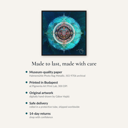 Ocean Blue Mystical Lotus Fine Art Poster | Teal Blue Sacred Geometry Mandala Wall Art Print | Meditation Spiritual Boho Decor |