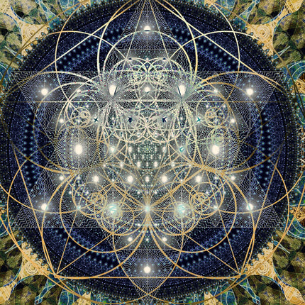 Blue Gold Mandala Wall Art, Large Sacred Geometry Spiritual Print, for Hotel Lobby, Office or Meditation Room,Celestial Harmony