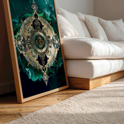 Emerald Gold Mandala Wall Art Print, Teal Fractal Sacred Geometry Poster, Ornate Architectural Mandala Printable Decor