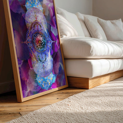 Blue Purple Lotus Mandala Wall Art, Large Sacred Geometry Cosmic Print, for Living Room, Bedroom or Yoga Studio