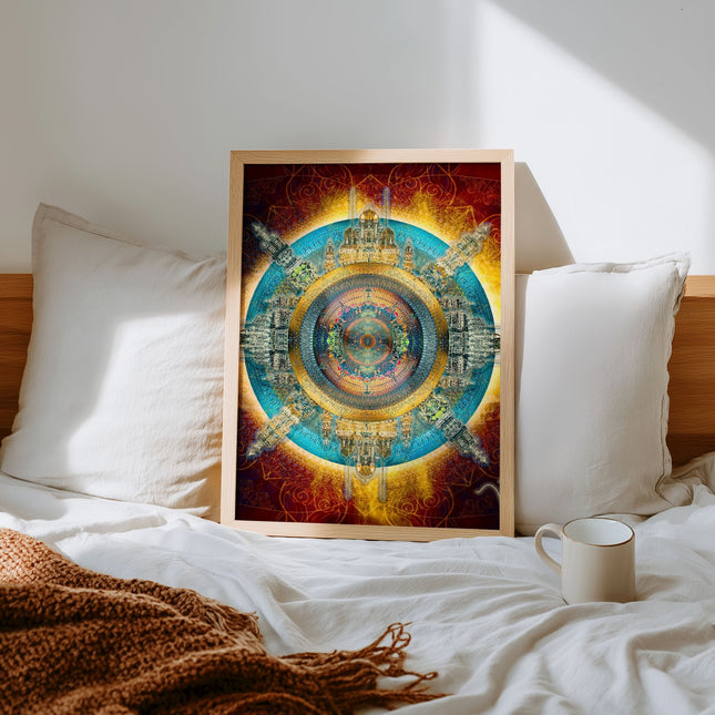 Sacred Geometry Wall Art Print, Vis Lucis Blue Citadel, Teal Gold Mandala, Spiritual Decor, Visionary Art, Meditation Room Poster