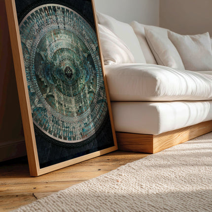 Mystic Mantra Temple Mandala Art Print –Teal Sacred Geometry Wall Decor