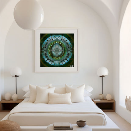 Blue Emerald Mandala Wall Art, Large Sacred Geometry Boho Print, for Yoga Studio, Office or Living Room