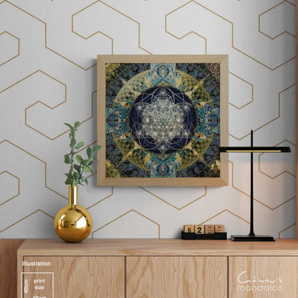 Blue Gold Mandala Wall Art, Large Sacred Geometry Spiritual Print, for Hotel Lobby, Office or Meditation Room,Celestial Harmony