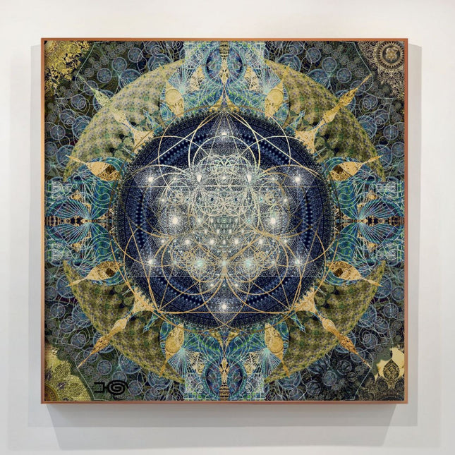 Blue Gold Mandala Wall Art, Large Sacred Geometry Spiritual Print, for Hotel Lobby, Office or Meditation Room,Celestial Harmony