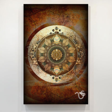 Autumn Radiance | Gold  Mandala Wall Art Print, Sacred Geometry with Autumn Leaves, Warm Brown Decor