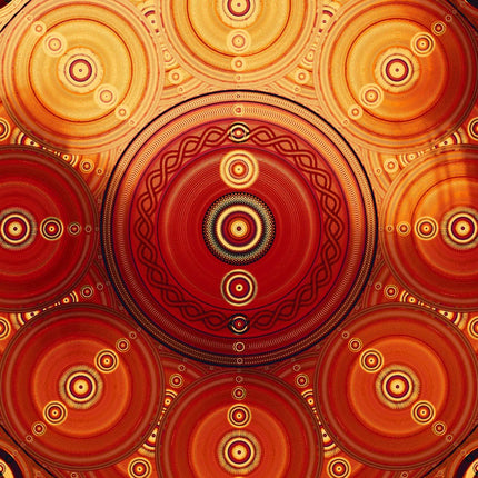 Details of  the art work Abstract circular mandala artwork in warm red, orange, and gold tones with concentric rings and ornamental geometric patterns filling the frame. 