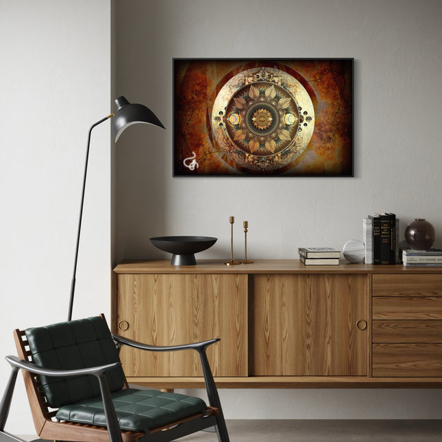Autumn Radiance | Gold  Mandala Wall Art Print, Sacred Geometry with Autumn Leaves, Warm Brown Decor