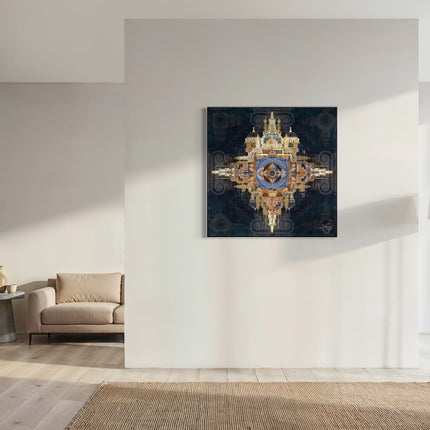 Architectural Mandala Wall Art Print, Teal Blue and Gold Sacred Geometry, Baroque Cathedral Digital Art, Bohemian Ornate Decor