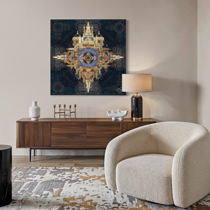 Architectural Mandala Wall Art Print, Teal Blue and Gold Sacred Geometry, Baroque Cathedral Digital Art, Bohemian Ornate Decor
