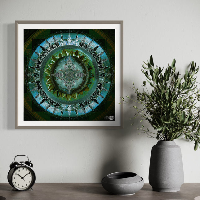 Blue Emerald Mandala Wall Art, Large Sacred Geometry Boho Print, for Yoga Studio, Office or Living Room