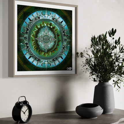 Blue Emerald Mandala Wall Art, Large Sacred Geometry Boho Print, for Yoga Studio, Office or Living Room