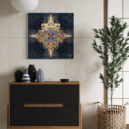 Architectural Mandala Wall Art Print, Teal Blue and Gold Sacred Geometry, Baroque Cathedral Digital Art, Bohemian Ornate Decor