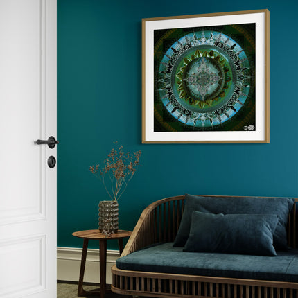 Blue Emerald Mandala Wall Art, Large Sacred Geometry Boho Print, for Yoga Studio, Office or Living Room