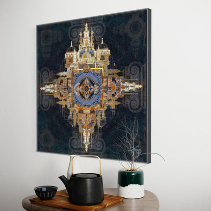 Architectural Mandala Wall Art Print, Teal Blue and Gold Sacred Geometry, Baroque Cathedral Digital Art, Bohemian Ornate Decor