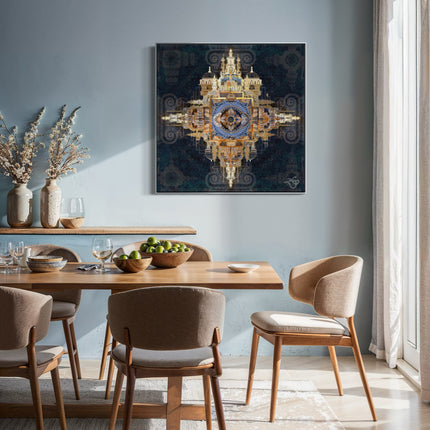 Architectural Mandala Wall Art Print, Teal Blue and Gold Sacred Geometry, Baroque Cathedral Digital Art, Bohemian Ornate Decor