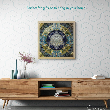 Blue Gold Mandala Wall Art, Large Sacred Geometry Spiritual Print, for Hotel Lobby, Office or Meditation Room,Celestial Harmony