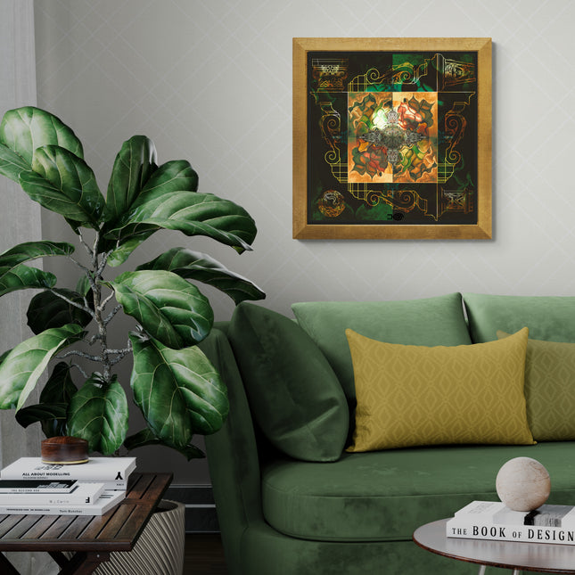 Green Gold Mandala Wall Art, Large Sacred Geometry Architectural Print, for Office, Living Room or Meditation Space