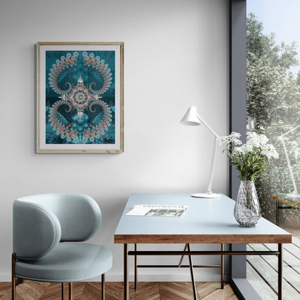Teal Turquoise Mandala Wall Art, Large Sacred Geometry Boho Print, for Office, Living Room or Meditation Space, Nijananda