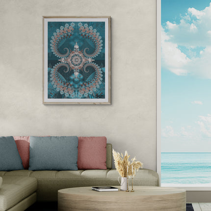 Teal Turquoise Mandala Wall Art, Large Sacred Geometry Boho Print, for Office, Living Room or Meditation Space, Nijananda