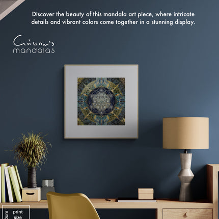 Blue Gold Mandala Wall Art, Large Sacred Geometry Spiritual Print, for Hotel Lobby, Office or Meditation Room,Celestial Harmony