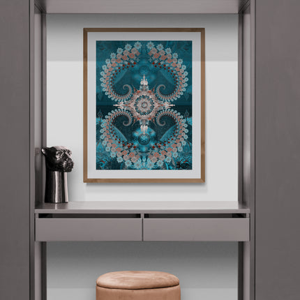 Teal Turquoise Mandala Wall Art, Large Sacred Geometry Boho Print, for Office, Living Room or Meditation Space, Nijananda