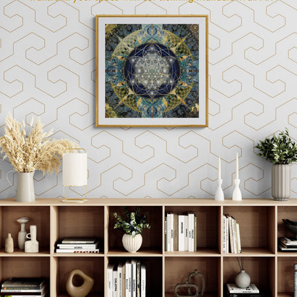 Blue Gold Mandala Wall Art, Large Sacred Geometry Spiritual Print, for Hotel Lobby, Office or Meditation Room,Celestial Harmony