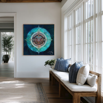 Ocean Blue Mystical Lotus Fine Art Poster | Teal Blue Sacred Geometry Mandala Wall Art Print | Meditation Spiritual Boho Decor |