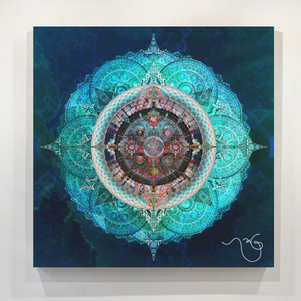 Ocean Blue Mystical Lotus Fine Art Poster | Teal Blue Sacred Geometry Mandala Wall Art Print | Meditation Spiritual Boho Decor |