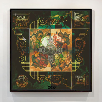 Green Gold Mandala Wall Art, Large Sacred Geometry Architectural Print, for Office, Living Room or Meditation Space
