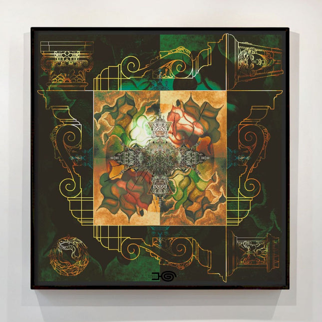 Green Gold Mandala Wall Art, Large Sacred Geometry Architectural Print, for Office, Living Room or Meditation Space
