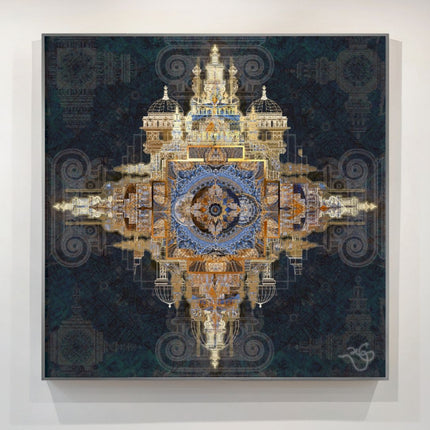 Architectural Mandala Wall Art Print, Teal Blue and Gold Sacred Geometry, Baroque Cathedral Digital Art, Bohemian Ornate Decor