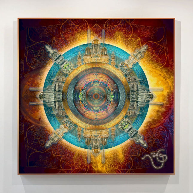 Sacred Geometry Wall Art Print, Vis Lucis Blue Citadel, Teal Gold Mandala, Spiritual Decor, Visionary Art, Meditation Room Poster