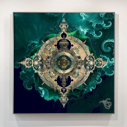 Emerald Gold Mandala Wall Art Print, Teal Fractal Sacred Geometry Poster, Ornate Architectural Mandala Printable Decor