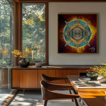 Sacred Geometry Wall Art Print, Vis Lucis Blue Citadel, Teal Gold Mandala, Spiritual Decor, Visionary Art, Meditation Room Poster