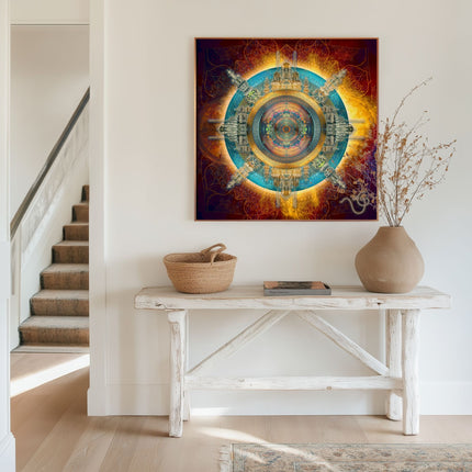 Sacred Geometry Wall Art Print, Vis Lucis Blue Citadel, Teal Gold Mandala, Spiritual Decor, Visionary Art, Meditation Room Poster