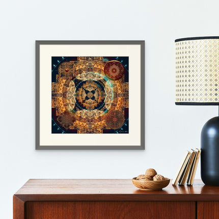 Teal Gold Mandala Print, Sacred Geometry Boho Wall Art