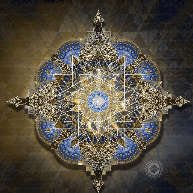 Golden Midnight Mandala Wall Art  Sacred Geometry Boho Print Blue Gold