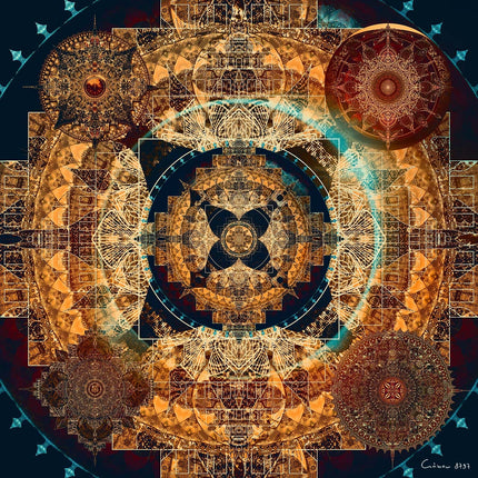 Teal Gold Mandala Print, Sacred Geometry Boho Wall Art