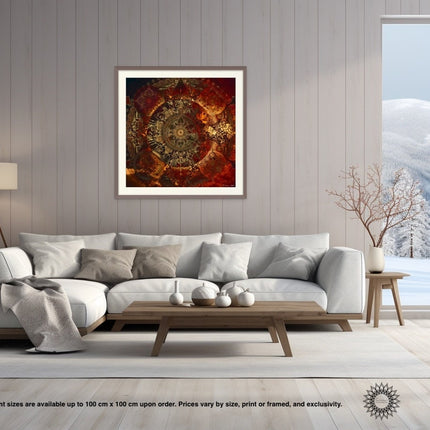 Golden Fractal Mandala Art Print  Boho Sacred Geometry Home Decor