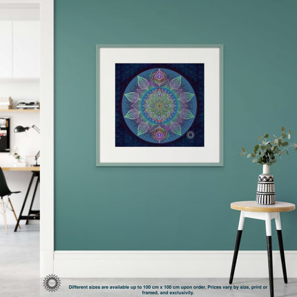 Blauer Mandala-Kunstdruck: Heilige Geometrie, Meditationsdekor