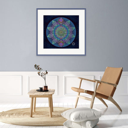 Blauer Mandala-Kunstdruck: Heilige Geometrie, Meditationsdekor