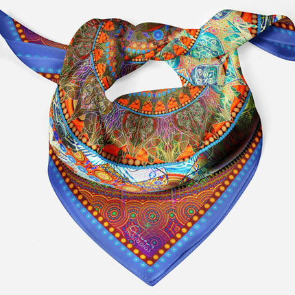Mandala Silk Scarf, Boho Sacred Geometry Art Shawl, Teal Orange
