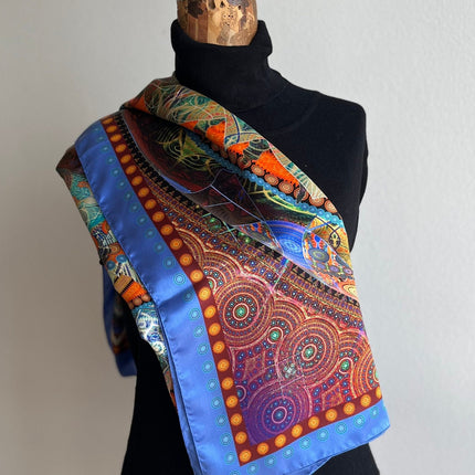 Mandala Silk Scarf, Boho Sacred Geometry Art Shawl, Teal Orange