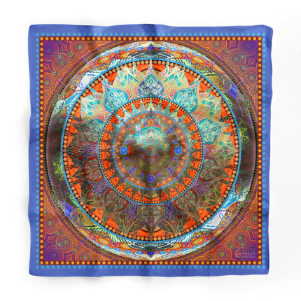 Mandala Silk Scarf, Boho Sacred Geometry Art Shawl, Teal Orange