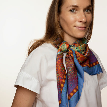 Mandala Silk Scarf, Boho Sacred Geometry Art Shawl, Teal Orange