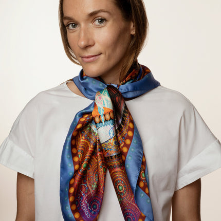Mandala Silk Scarf, Boho Sacred Geometry Art Shawl, Teal Orange